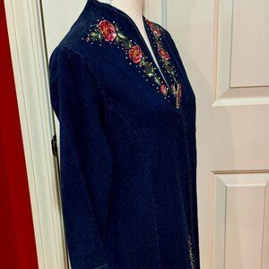 Long Sleeve and 3/4 Length Jean Jacket with Rose Embroidered Collar